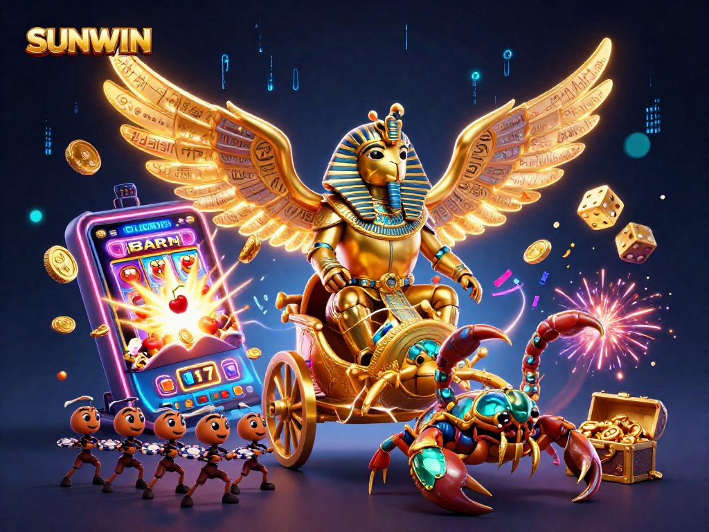 SUNWIN offers an immersive casino experience with a 3D golden scarab and vibrant slot machine elements.