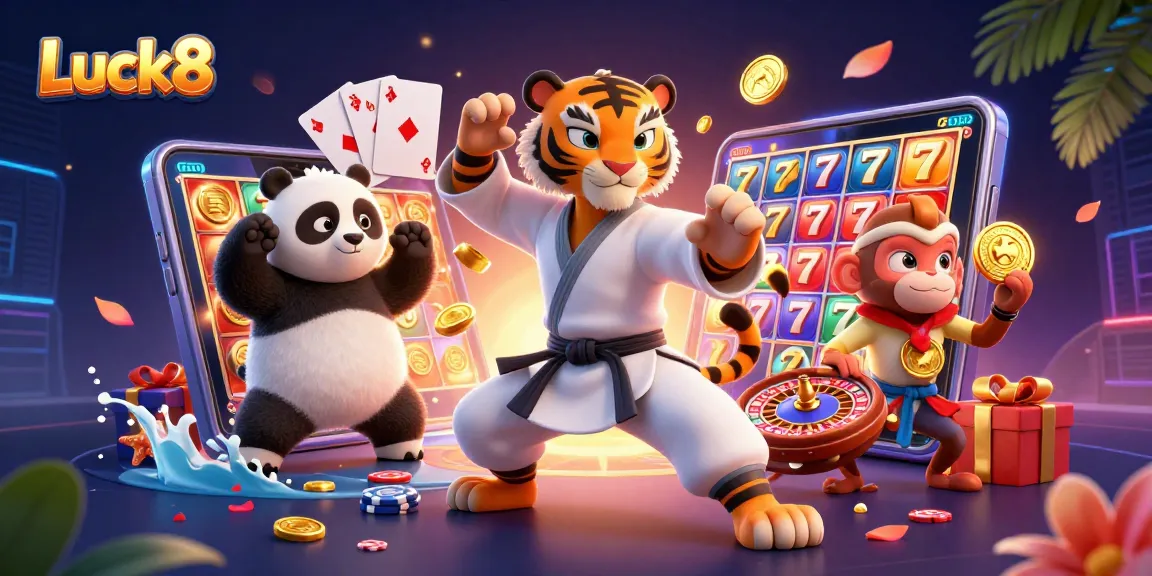 Experience exciting games at Luck8 with a tiger master, panda, and monkey amidst vibrant casino elements.