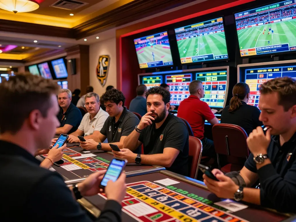 Engaged bettors assessing tỷ lệ kèo nhà cái in an upscale casino's sports betting area, filled with excitement.