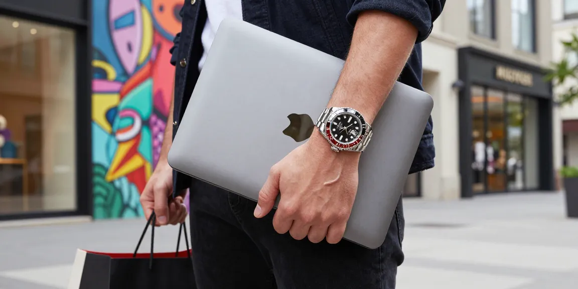 Stylish individual displaying a Rolex super clone watch in an urban setting with vibrant street art.