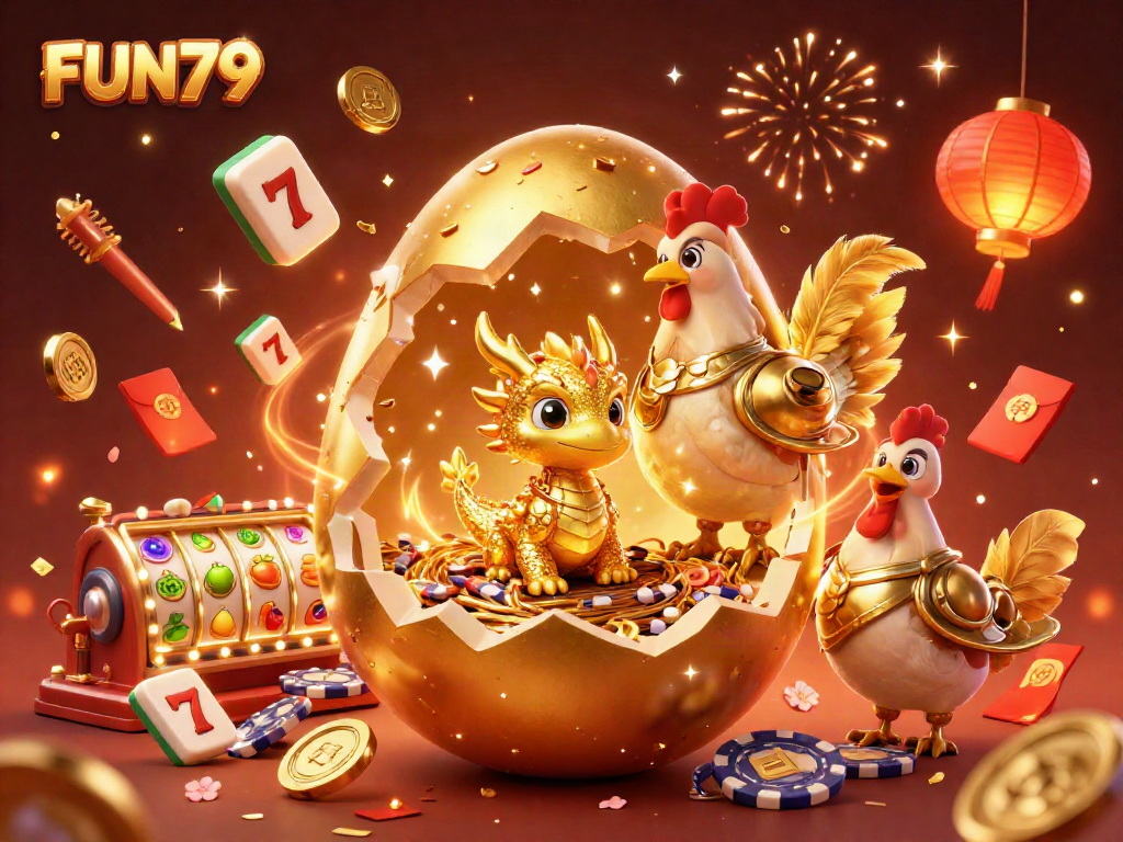 Watch FUN79's golden dragon emerge from a jackpot, surrounded by festivity and symbols of luck.