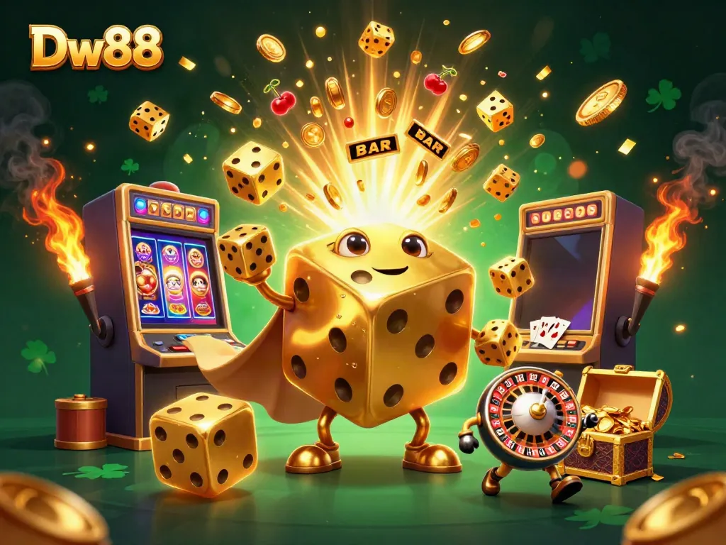 Experience the excitement of DW88's casino world with dynamic golden dice and vibrant gaming elements.