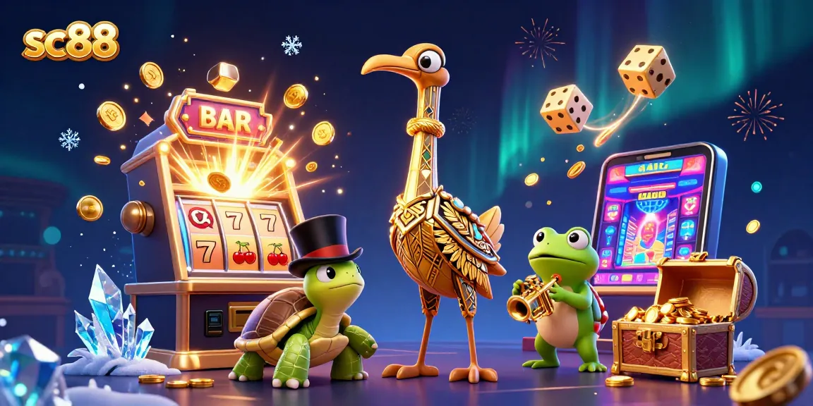 sc88 unleashes excitement with party atmosphere surrounded by casino elements and characters in vibrant 3D art