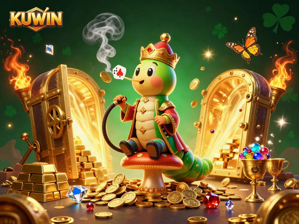 Spin and win at KUWIN in a vibrant, luxurious casino scene featuring a caterpillar master and treasure.