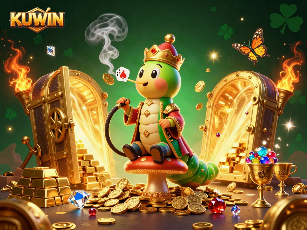 Spin and win at KUWIN in a vibrant, luxurious casino scene featuring a caterpillar master and treasure.