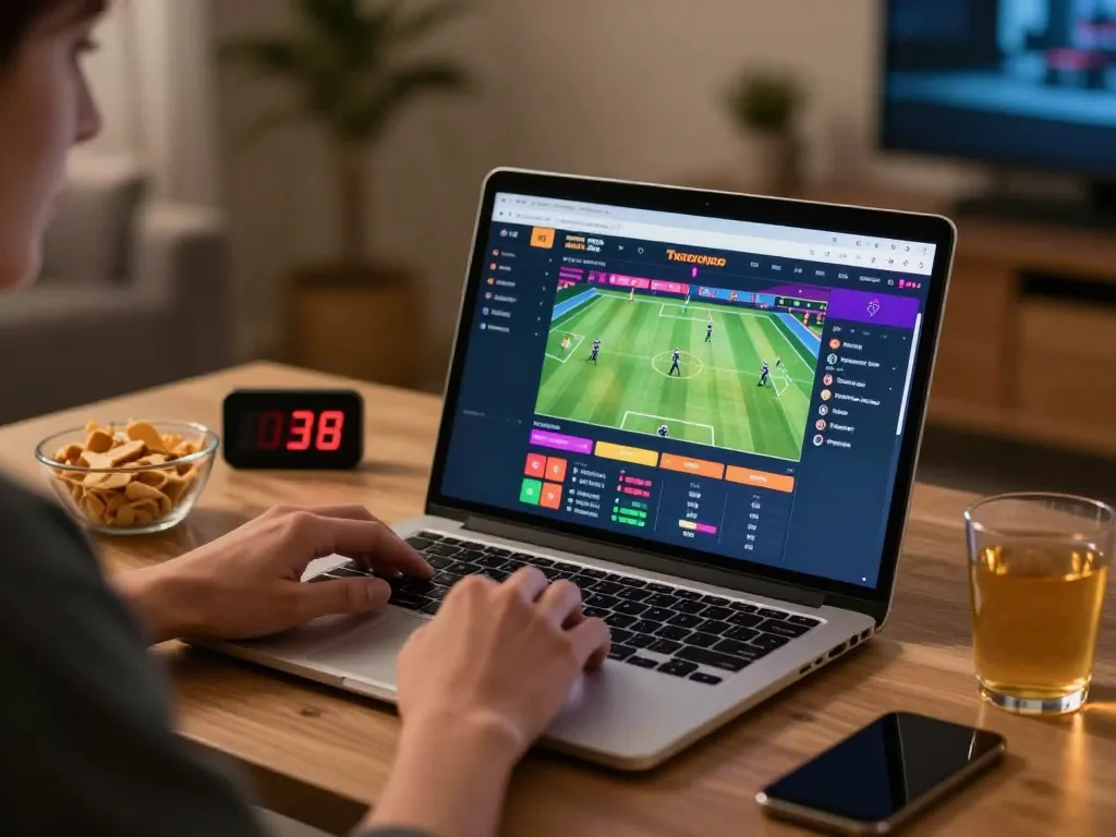 Alo8 player enjoying sports betting on a sleek laptop in a cozy home environment.