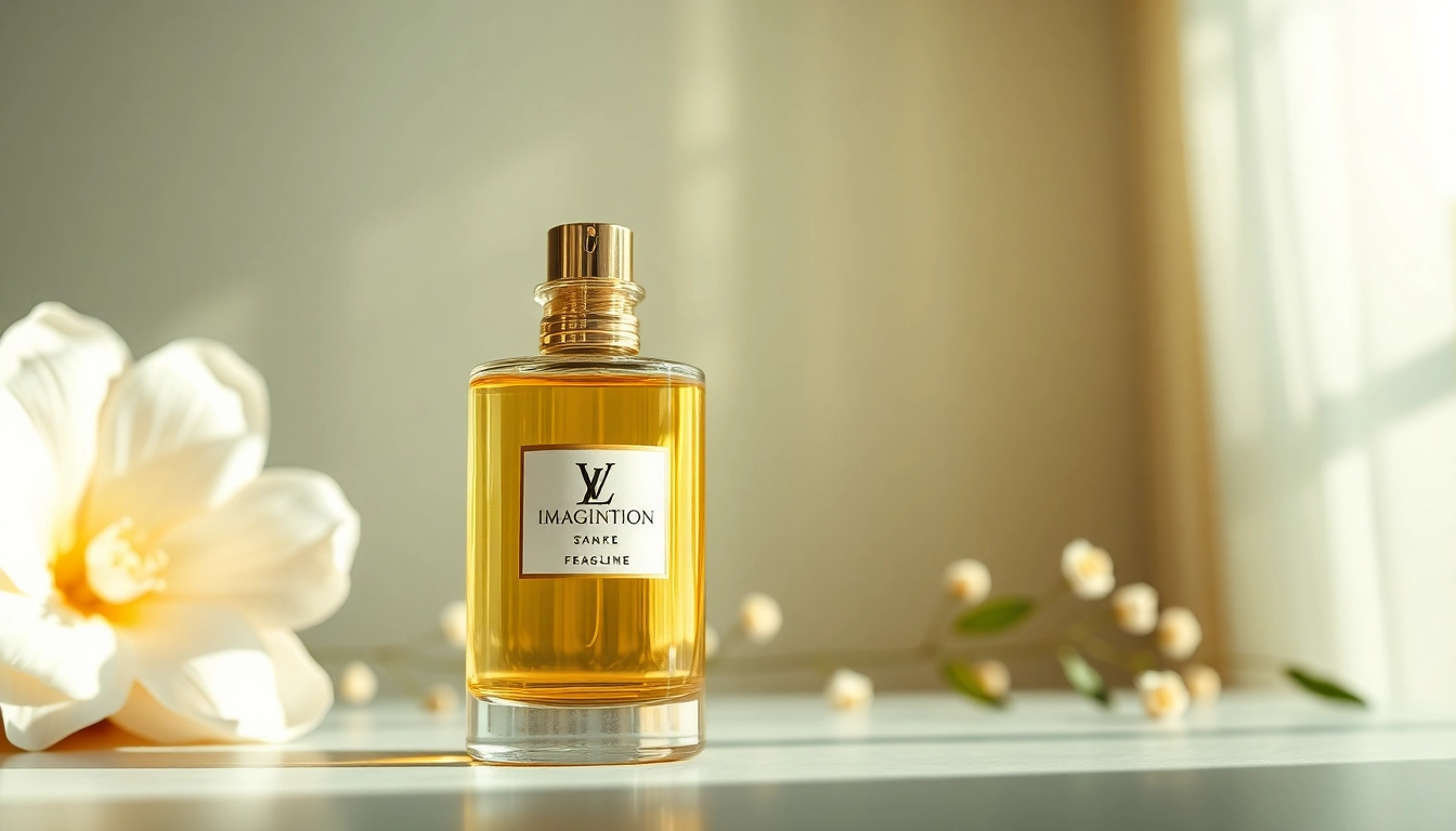 Aromatic bottle of Lv imagination fragrance displayed elegantly amidst soft floral background.