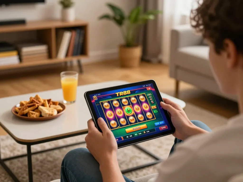 Player enjoying TR88 online slots on tablet in cozy home setting with snacks and drinks