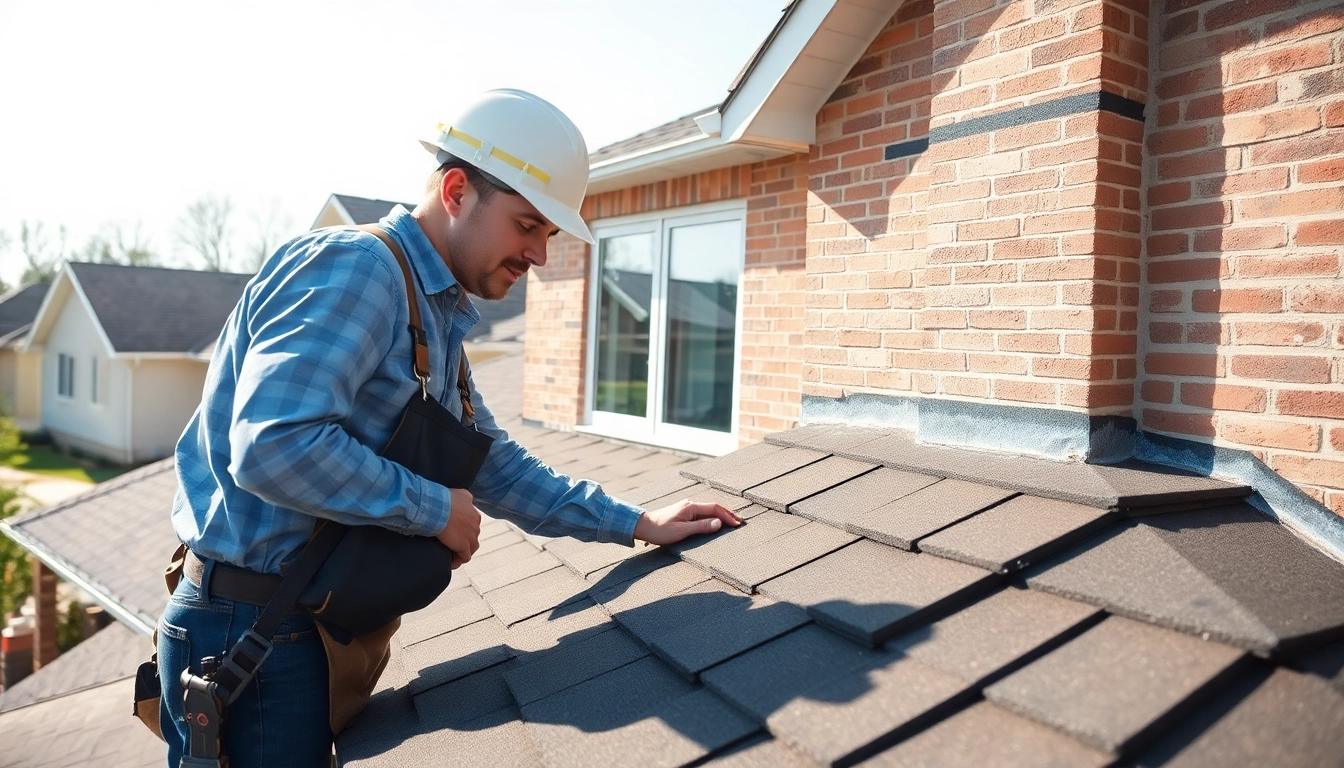 Roofing company contractor inspecting new roofing materials on a residential home.