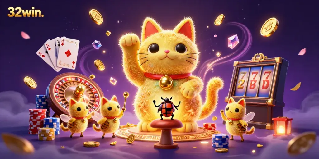 Experience luck with 32win. as golden coins and vibrant casino symbols fill the air.
