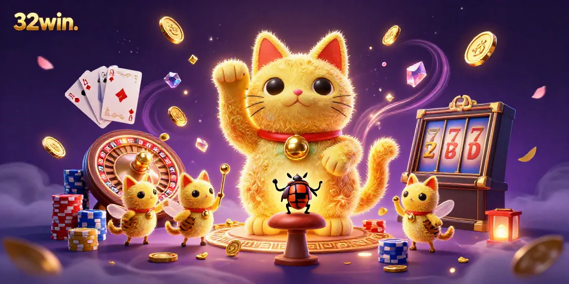 Experience luck with 32win. as golden coins and vibrant casino symbols fill the air.