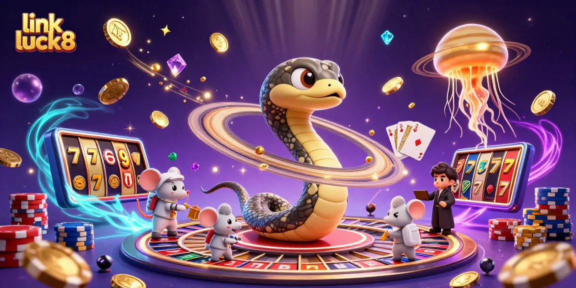 Place bets with link luck8 in this vibrant, dynamic 3D casino scene featuring a Saturn ring snake and stunning cosmic dealer.