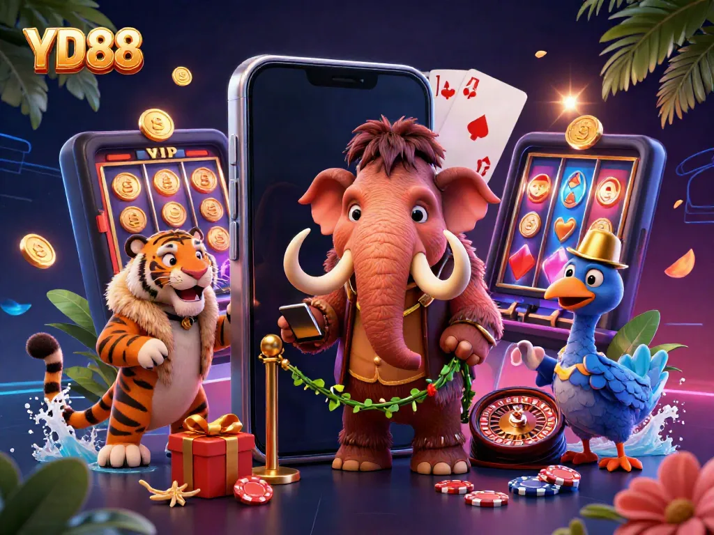 Join the excitement with YD88 in this lively online casino scene featuring colorful slot games and vibrant characters.