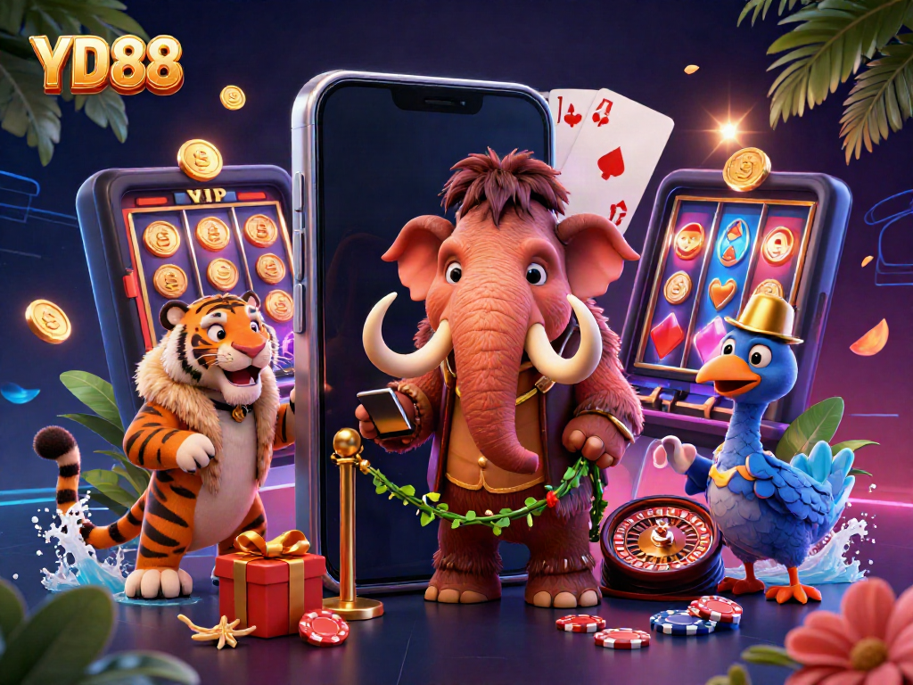 Join the excitement with YD88 in this lively online casino scene featuring colorful slot games and vibrant characters.