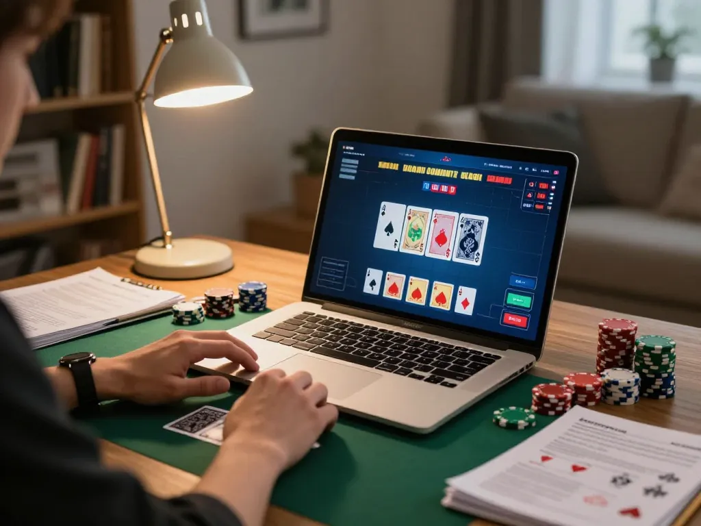 Engaging in an online poker game at home using LODE88 platform, showcasing strategy and excitement.