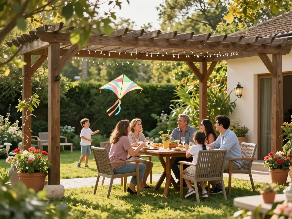 Family enjoying a meal under a pergola configurator design in a sunny garden