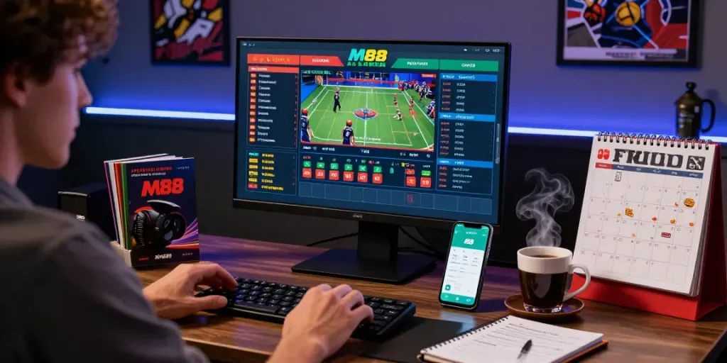 M88 Login alternatif with a user engaging in online gambling, showcasing betting odds and live games on multiple screens in a vibrant setup.