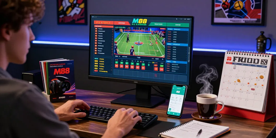 M88 Login alternatif with a user engaging in online gambling, showcasing betting odds and live games on multiple screens in a vibrant setup.
