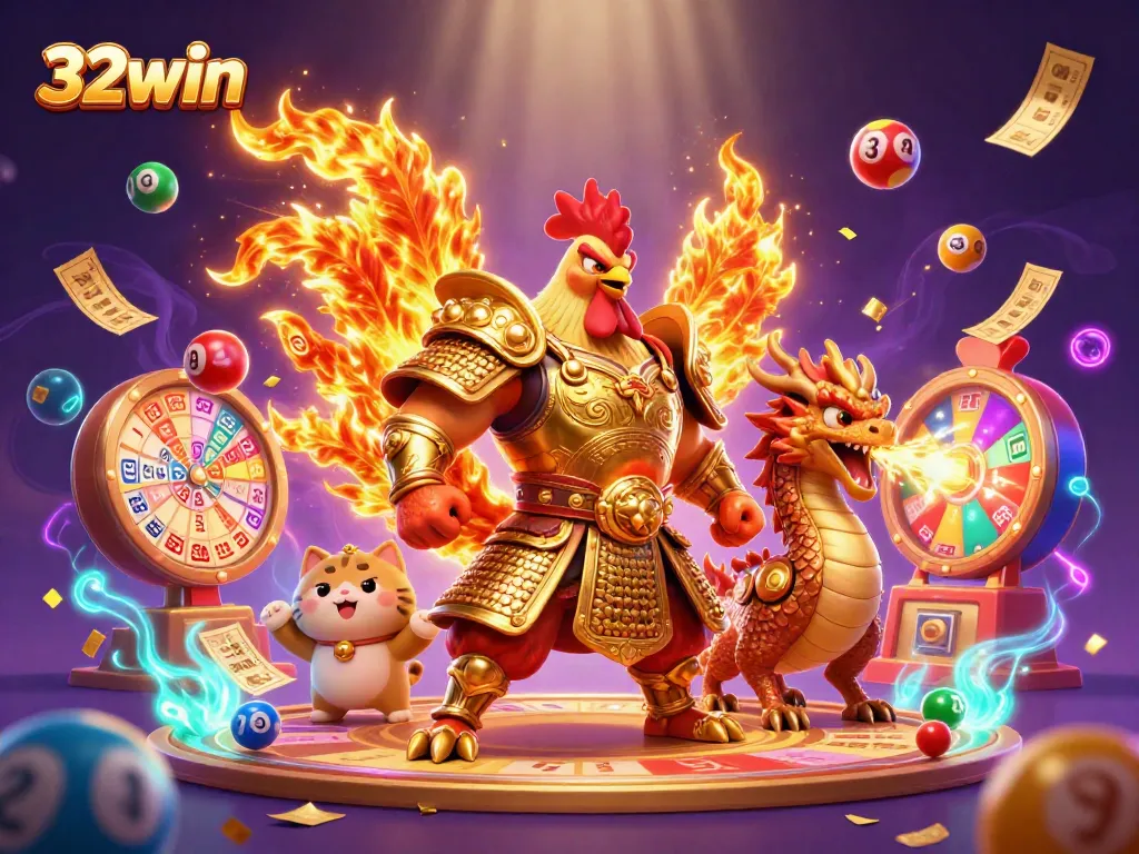 Experience the excitement of 32win with a vibrant scene featuring a rooster warrior and dragon in a lively gambling context.