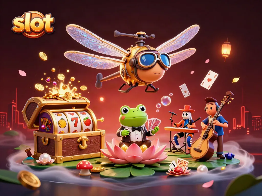 Permainan slot yang menarik dengan pilot capung, croupier katak, dan musisi berjalan di kasino lily pad.