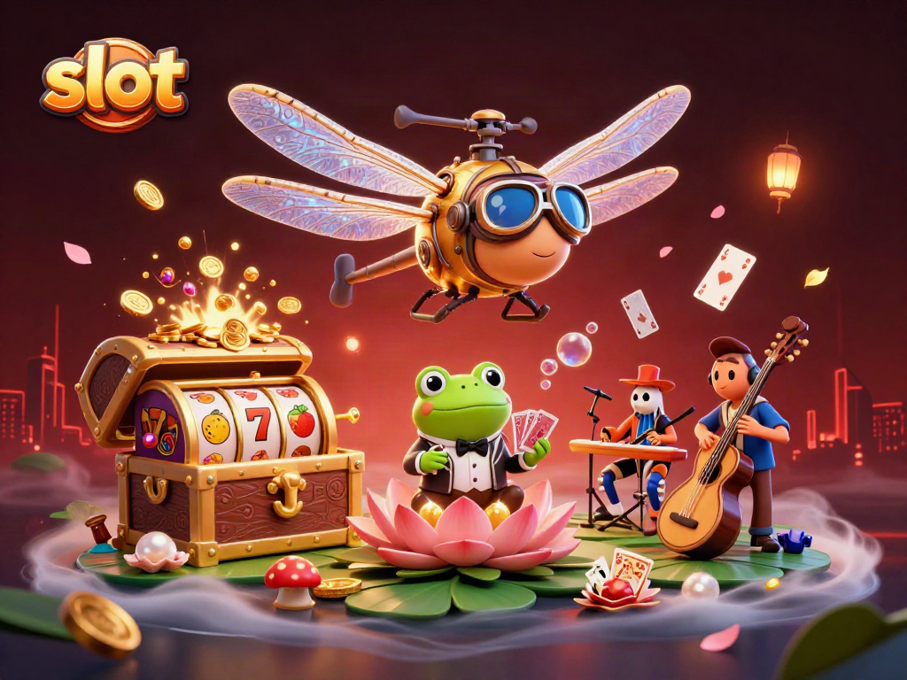 Permainan slot yang menarik dengan pilot capung, croupier katak, dan musisi berjalan di kasino lily pad.