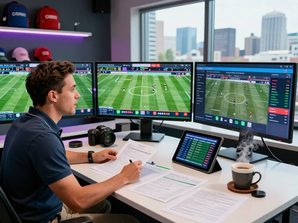 Exciting sports betting scene with 1gom analyst reviewing live football matches and betting odds.