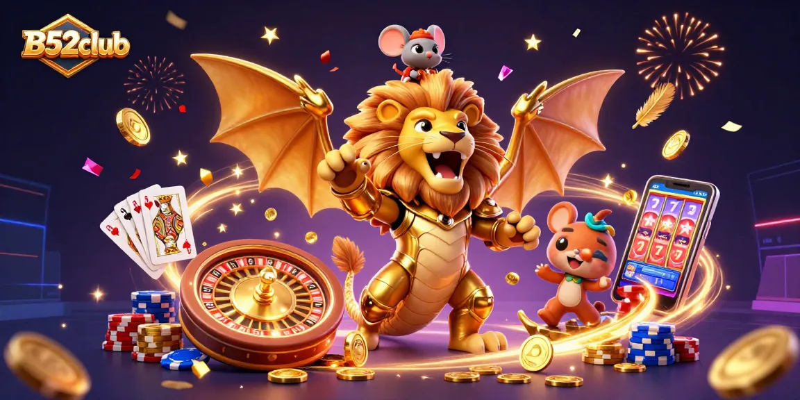 B52club offers thrilling gaming experiences with a golden armored chimera and vibrant casino elements.