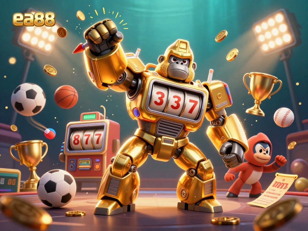 Experience the excitement at ea88 with a dynamic 3D illustration of a golden gorilla mech celebrating big wins.