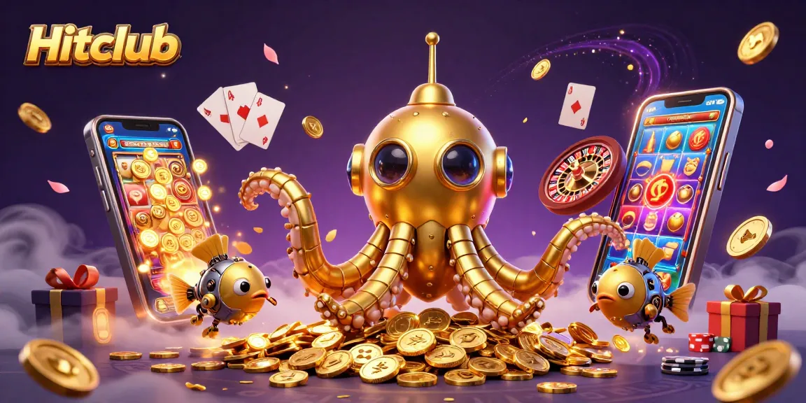 Hitclub showcases a golden kraken submarine amidst coins, encapsulating the thrill of online gaming.