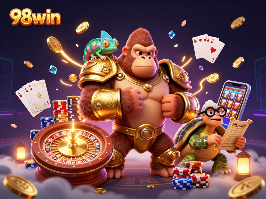 Engage in thrilling gameplay with 98win's powerful gorilla king amidst gold coins and vibrant casino games.
