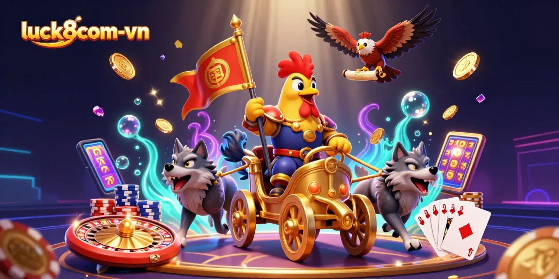 Experience thrilling wins with luck8com-vn as vibrant slots and casino games come alive in a dynamic illustration.