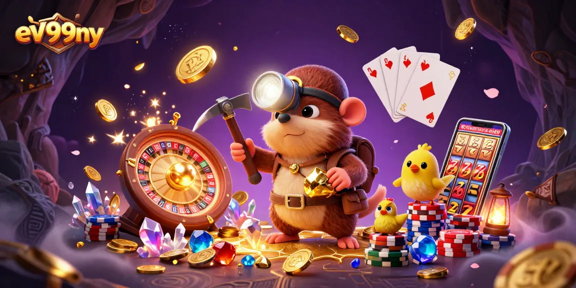 Experience thrilling gaming action at ev99ny with a 3D treasure hunter mole and exciting casino elements.