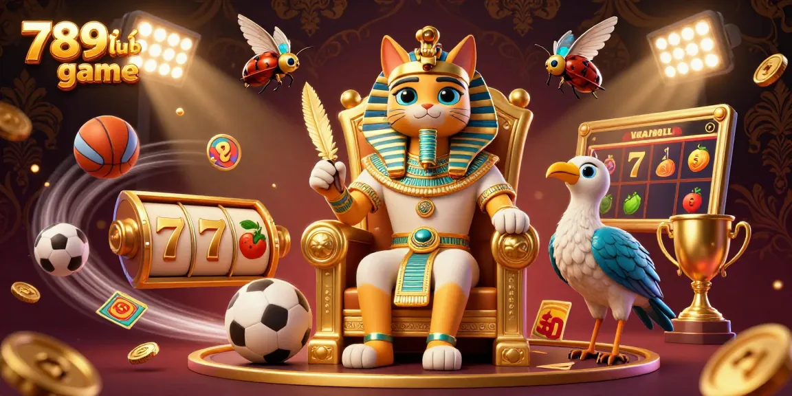 Engage with 789club game through vibrant casino elements featuring a pharaoh cat and dynamic sports balls.