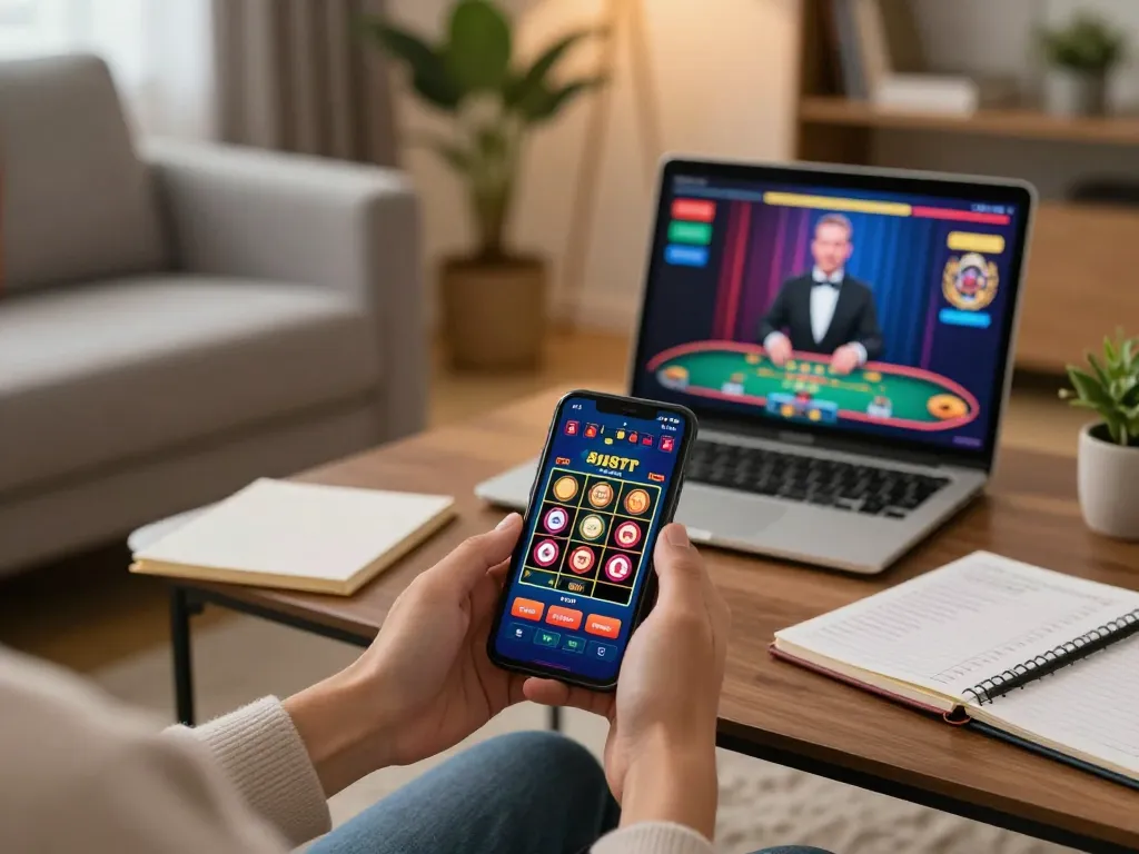 Person enjoying online gaming on okwin68 app in a cozy home setup, showcasing mobile gambling.
