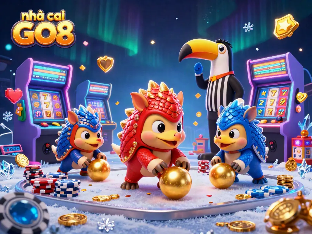 Engage with nhà cái GO8 through a dynamic 3D casino gaming scene featuring playful pangolins.