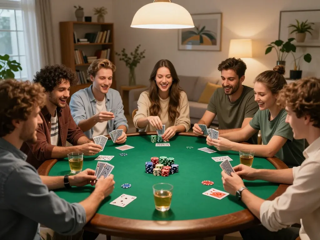 Bet168 home poker night with friends playing cards around a table, showcasing excitement and strategic interaction.