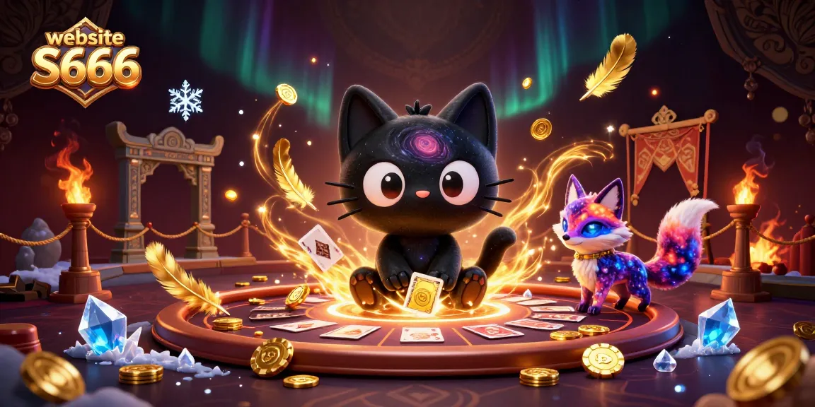 Engage in thrilling gameplay at website S666, featuring cosmic cat charm pulling in golden chips and cards.