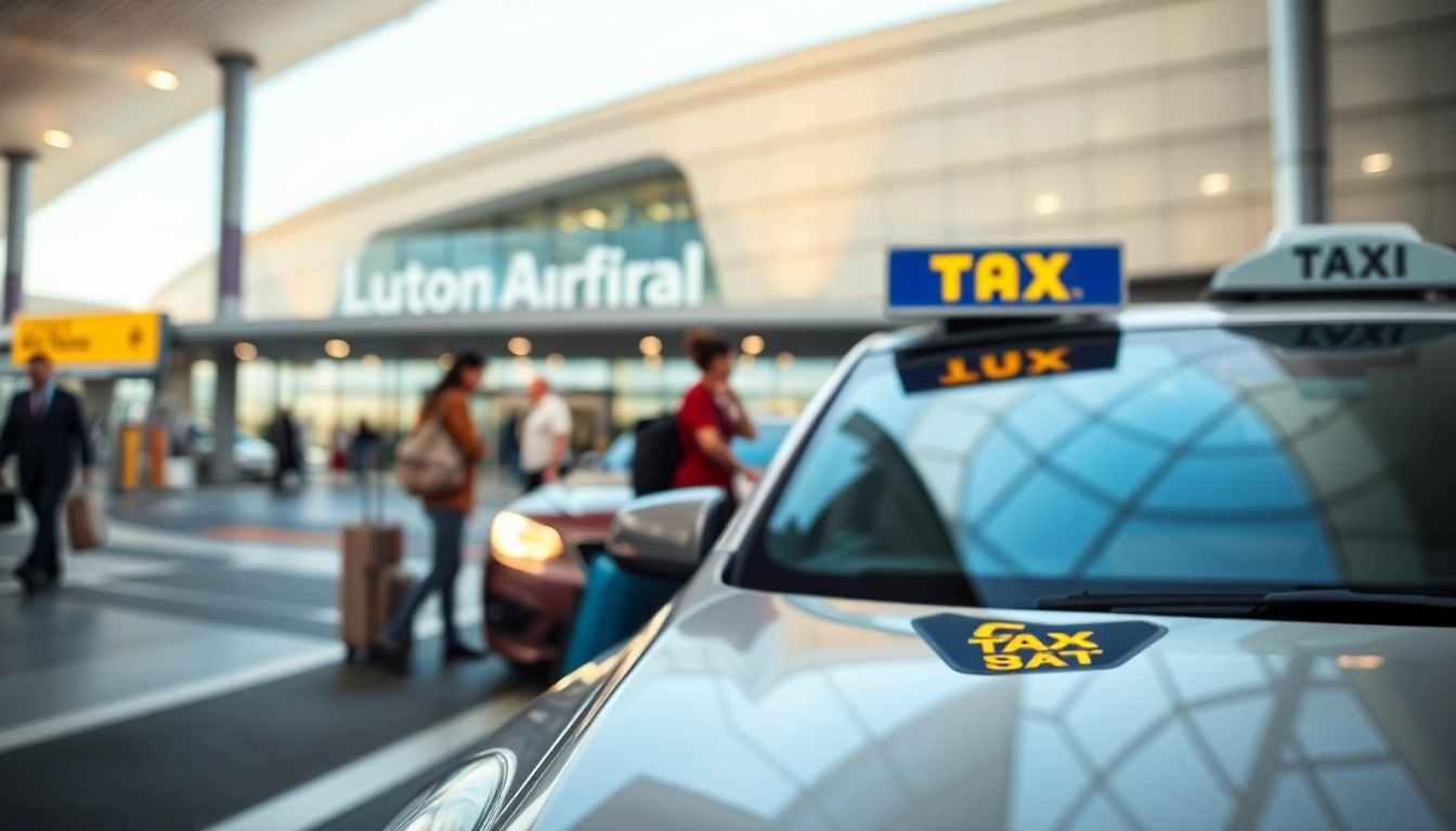 Taxi service at Luton airport welcoming travelers with a bustling atmosphere and modern design.