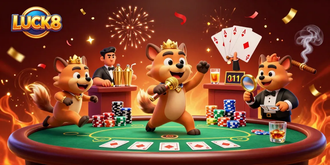 LUCK8 attracts players with a vibrant comedy casino scene featuring hyenas, poker chips, and fun.