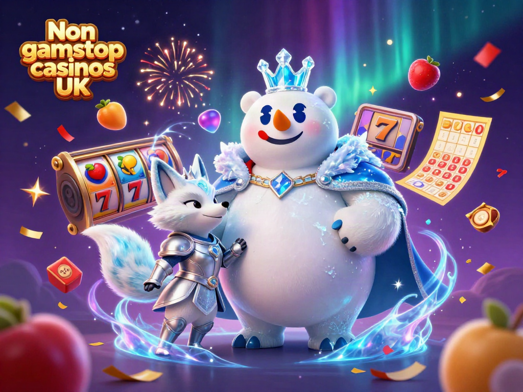 Engaging illustration of Non gamstop casinos UK with a playful ice king and snow fox among vibrant gaming elements.