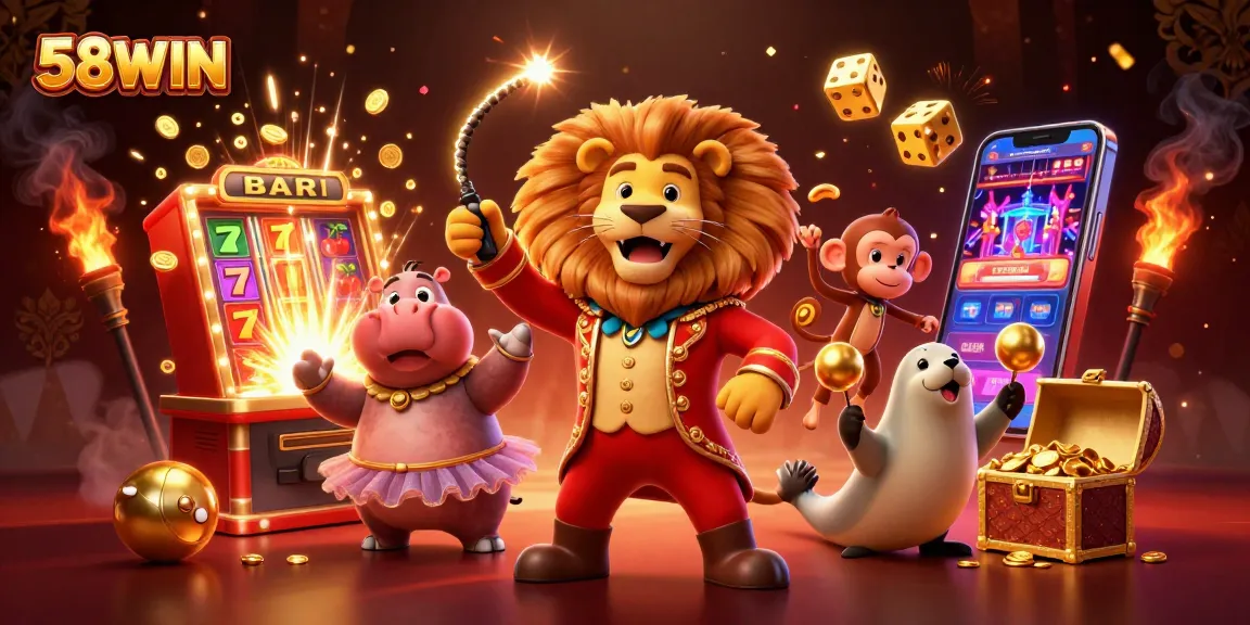 58WIN captivates with a vibrant 3D casino scene filled with joyful characters, explosive game elements, and bright jackpots.
