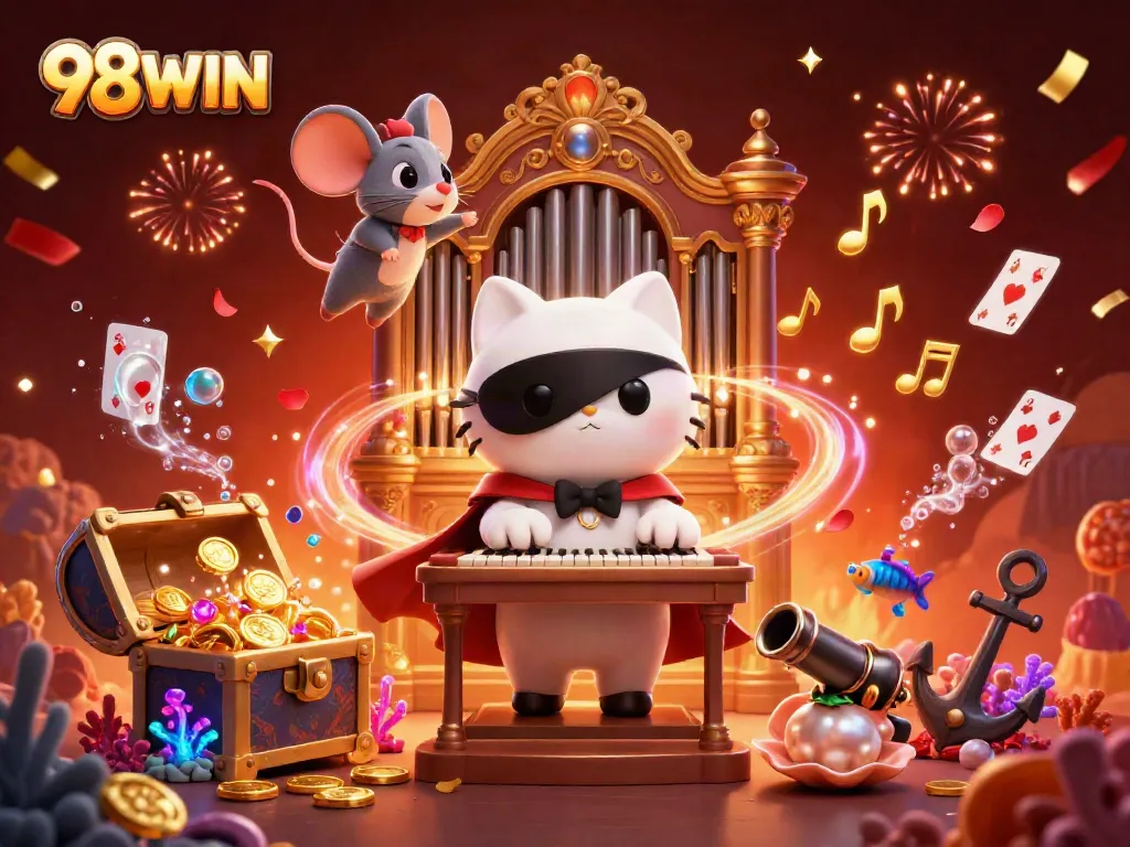 Experience thrilling gaming with 98WIN where a captivating white cat plays at the casino organ.