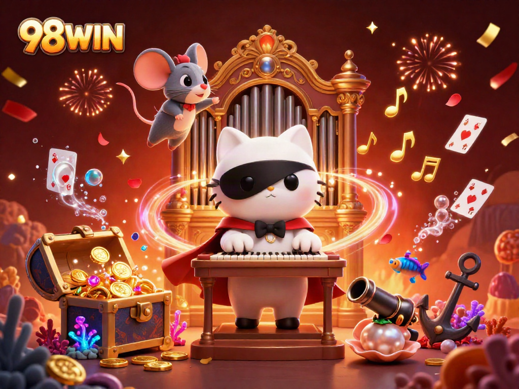 Experience thrilling gaming with 98WIN where a captivating white cat plays at the casino organ.