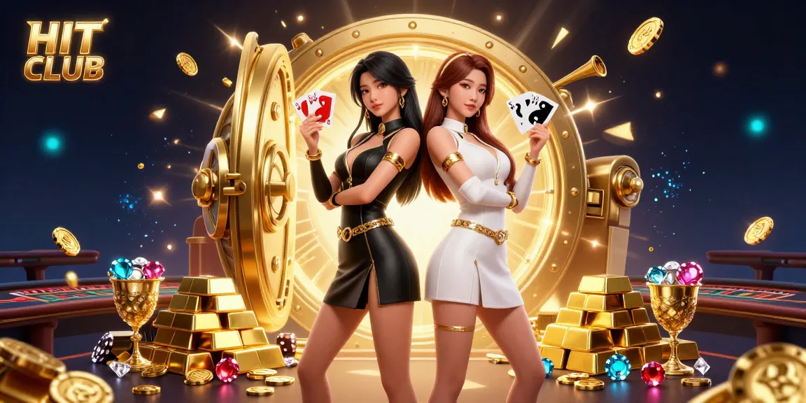 Engage with HIT CLUB's dynamic casino atmosphere, featuring twin Asian women with playing cards and golden accessories.