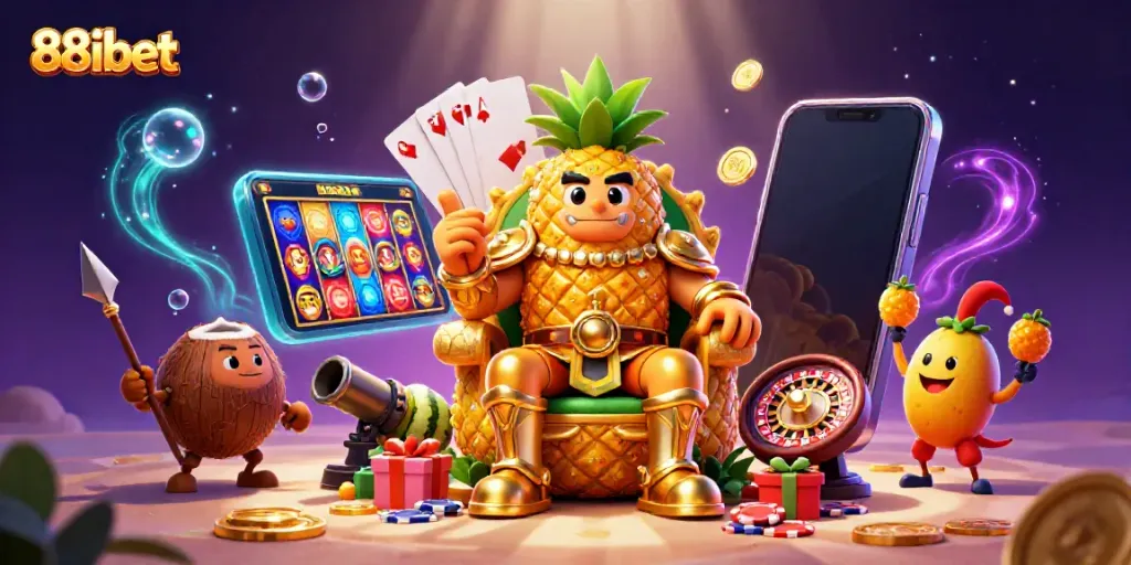 Engage in thrilling gameplay with 88ibet, featuring vibrant casino elements and characters in a dynamic 3D scene.