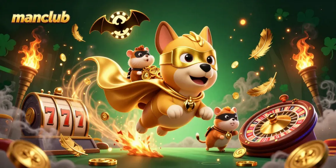 Experience thrilling moments at manclub with a superhero dog and hamster, surrounded by dynamic casino elements.