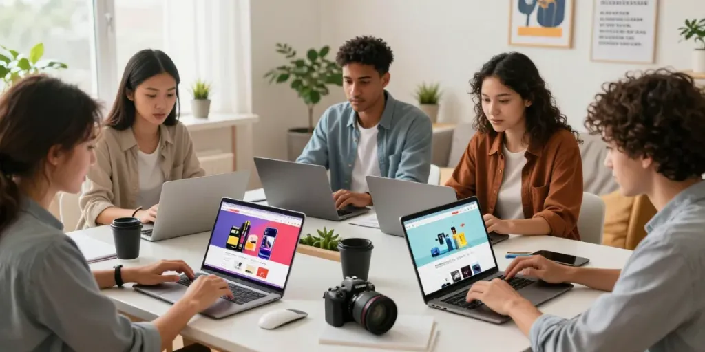 Browsing around this web-site with diverse group interacting with online products in a modern workspace.