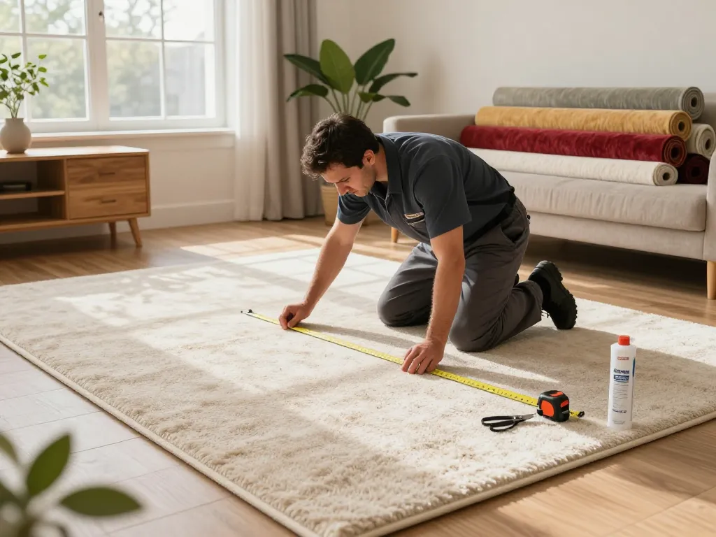 Professional carpet fitters near me installing a colorful carpet in a cozy living room.