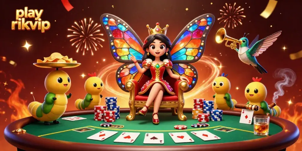 Engage and play rikvip in a colorful 3D casino scene with vibrant cards and characters.