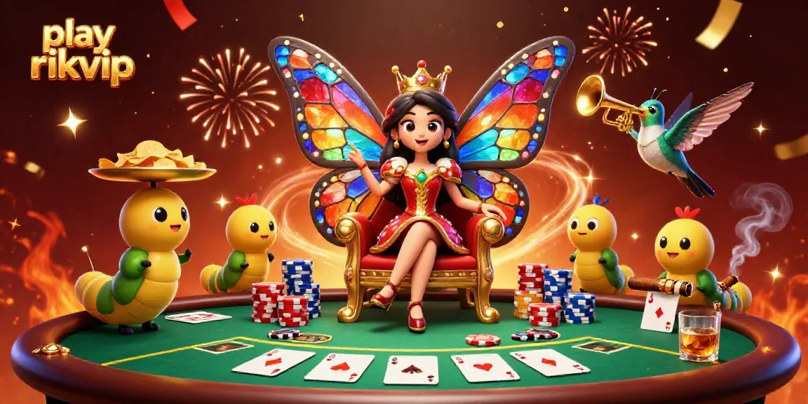 Engage and play rikvip in a colorful 3D casino scene with vibrant cards and characters.